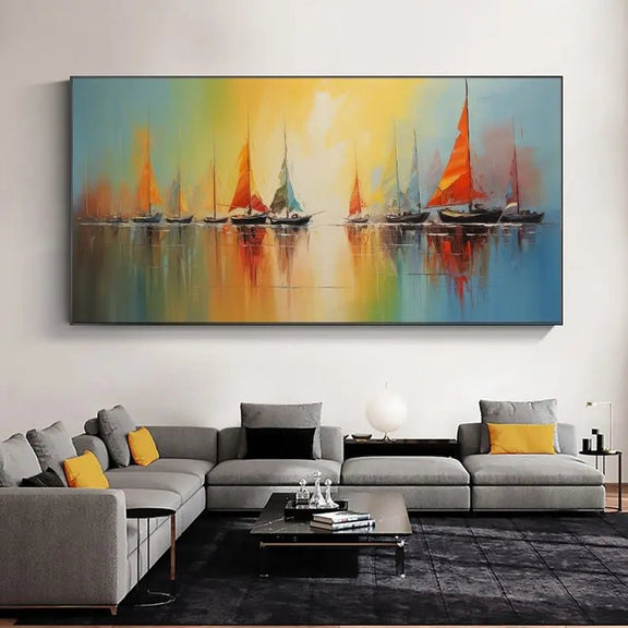 Abstract Oil Painting - Vibrant Sailboats on Calm Water Wall Art - Oil Painting Haven