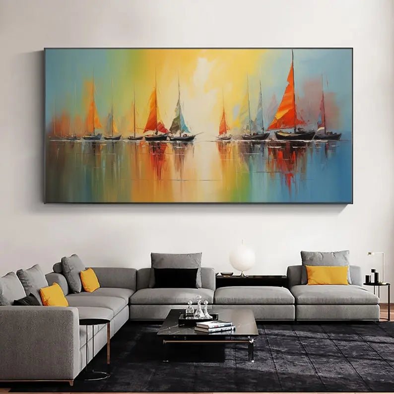 Abstract Oil Painting - Vibrant Sailboats on Calm Water Wall Art - Oil Painting Haven
