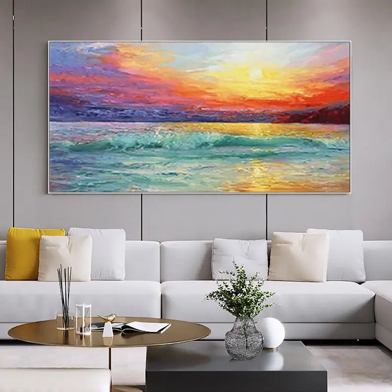 Abstract Oil Painting - Vibrant Sunset Over Ocean Wall Art - Oil Painting Haven