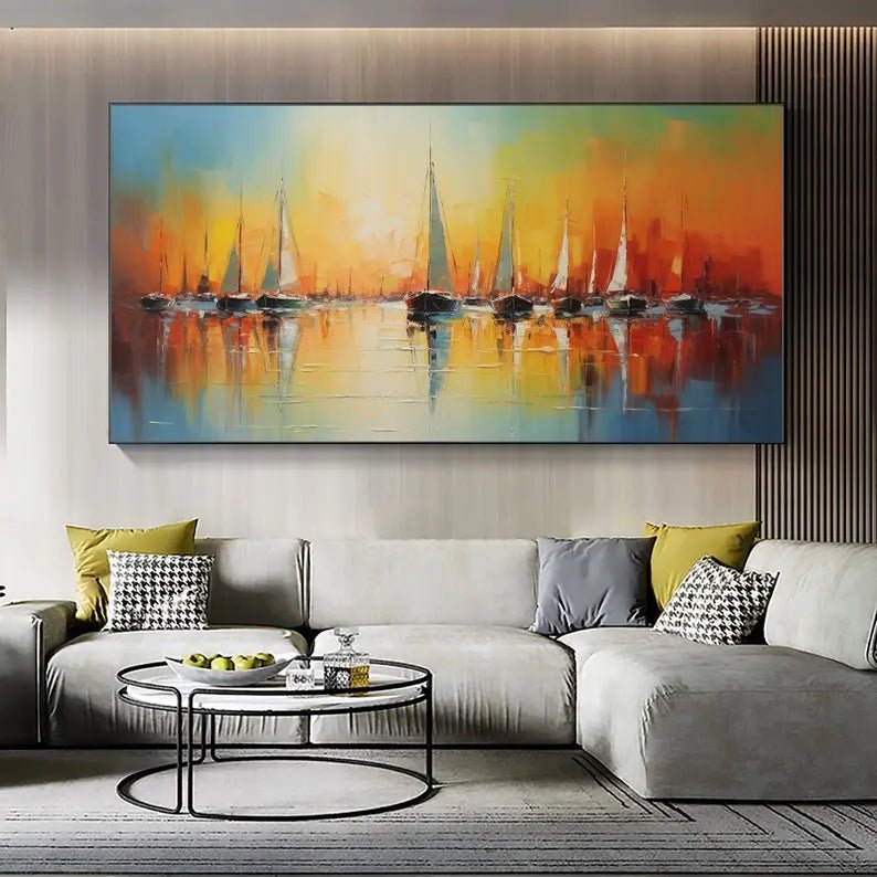 Abstract Oil Painting - Vibrant Sunset Sailboat Harbor Wall Art - Oil Painting Haven