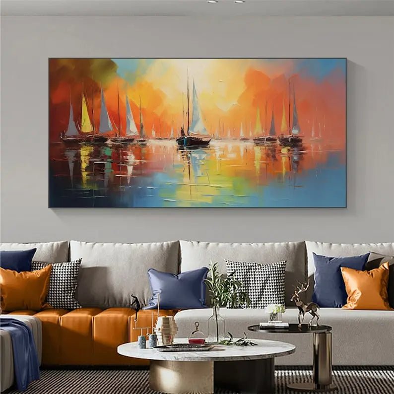 Abstract Oil Painting - Vibrant Sunset Sailboat Sea Wall Art - Oil Painting Haven