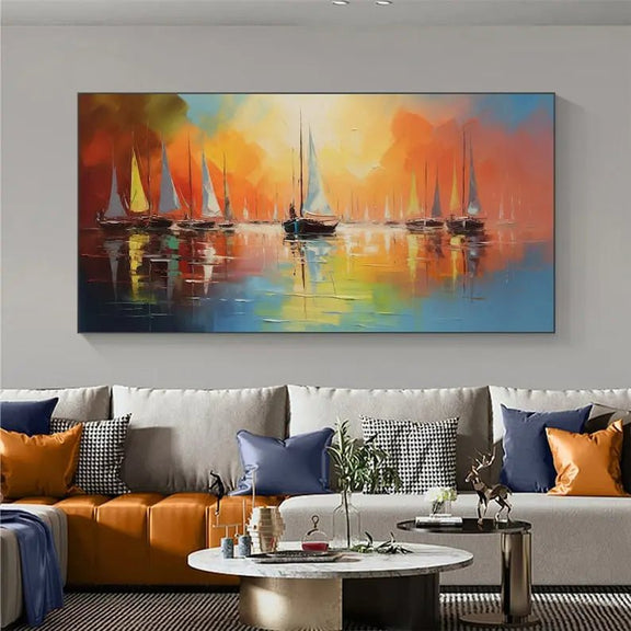 Abstract Oil Painting - Vibrant Sunset Sailboat Sea Wall Art - Oil Painting Haven