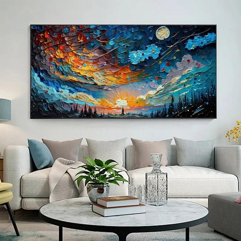 Abstract Oil Painting - Vibrant Sunset Sky with Moon and Forest Wall Art - Oil Painting Haven