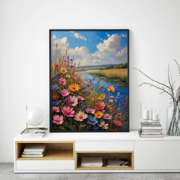 Abstract Oil Painting - Vibrant Wildflower River Landscape Wall Art - Oil Painting Haven