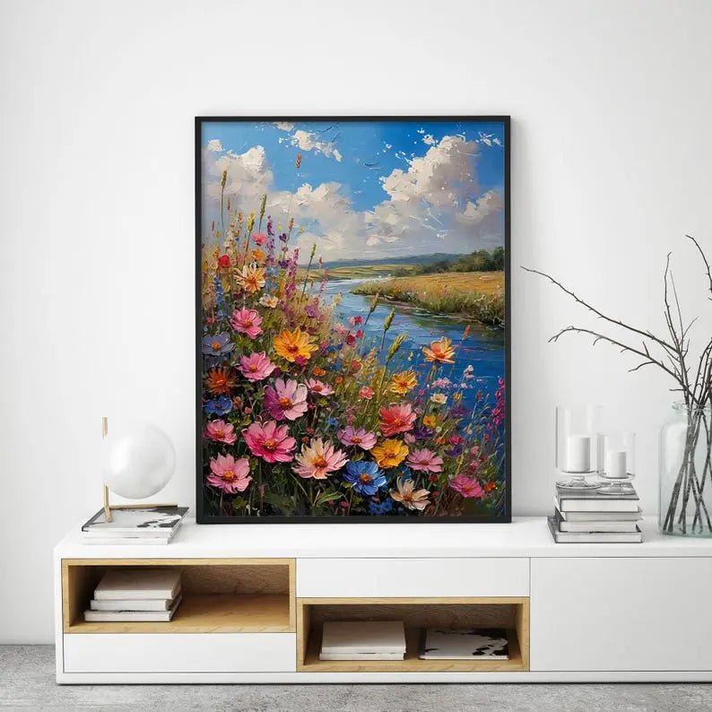 Abstract Oil Painting - Vibrant Wildflower River Landscape Wall Art - Oil Painting Haven