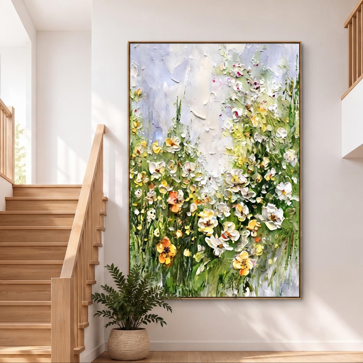 Abstract Oil Painting - White and Yellow Wildflower Meadow Art