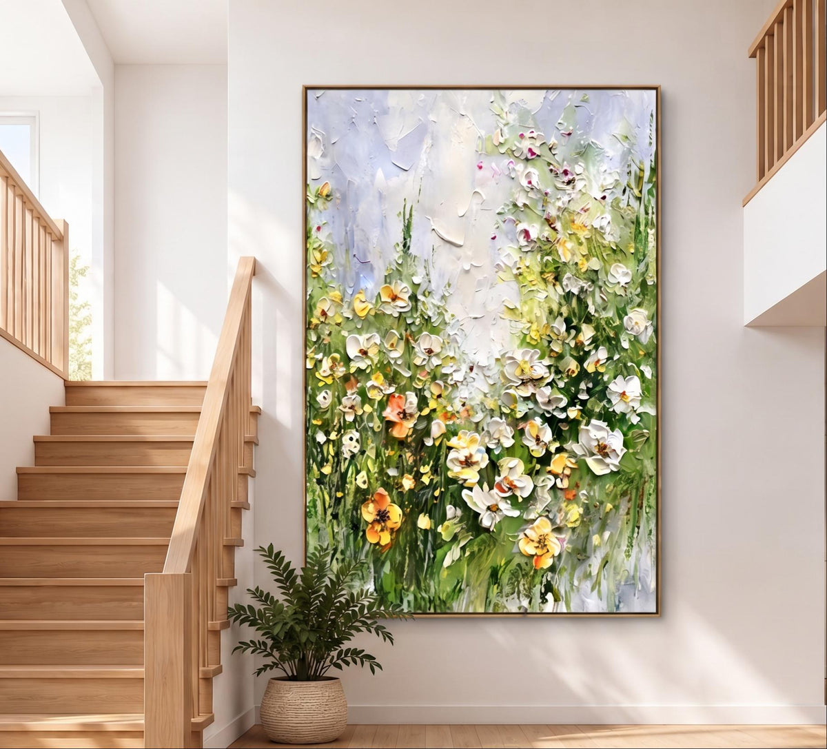 Peinture à l’huile abstraite – Prairie de fleurs sauvages blanches et jaunes