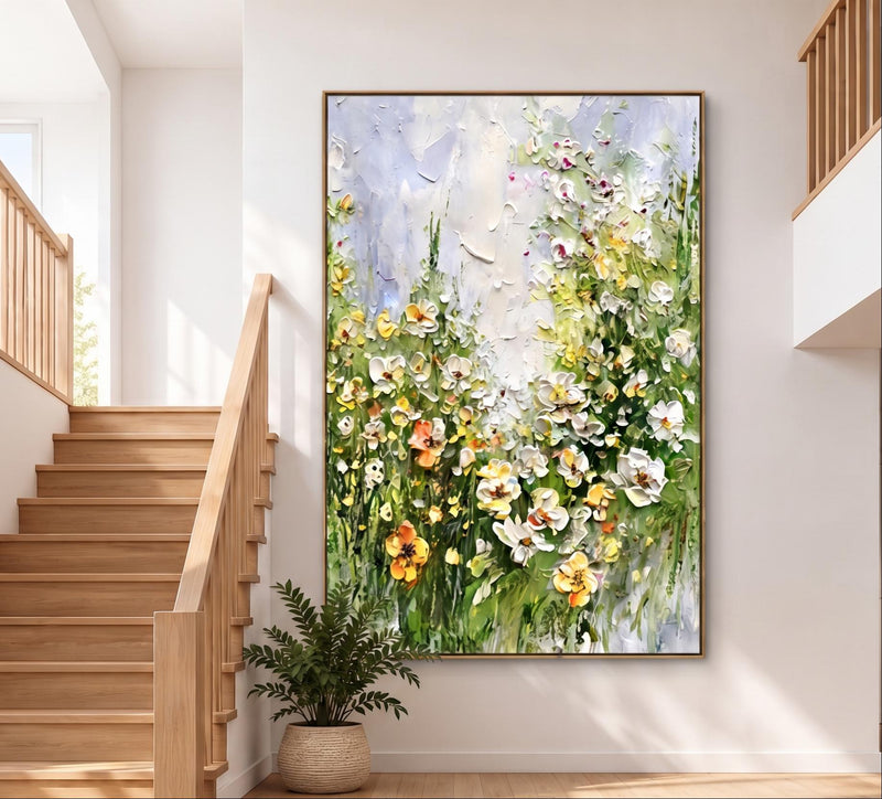 Abstract Oil Painting - White and Yellow Wildflower Meadow Art