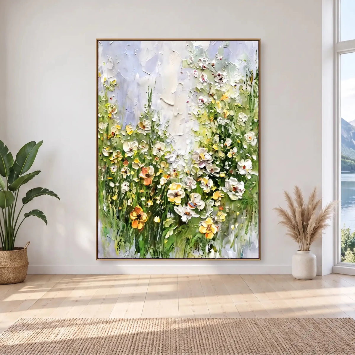 Abstract Oil Painting - White and Yellow Wildflower Meadow Art