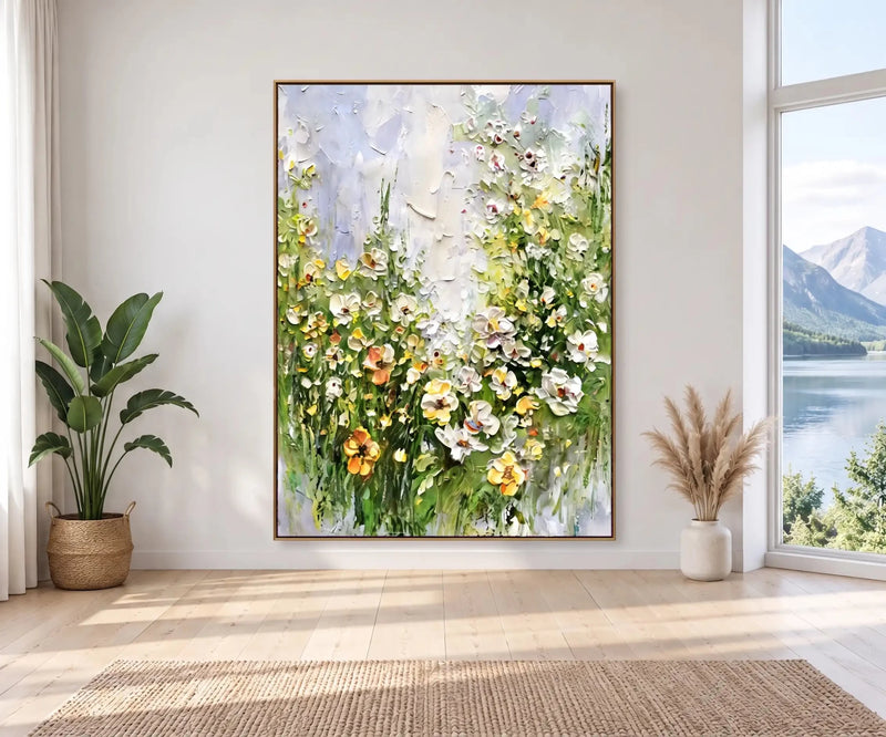 Abstract Oil Painting - White and Yellow Wildflower Meadow Art