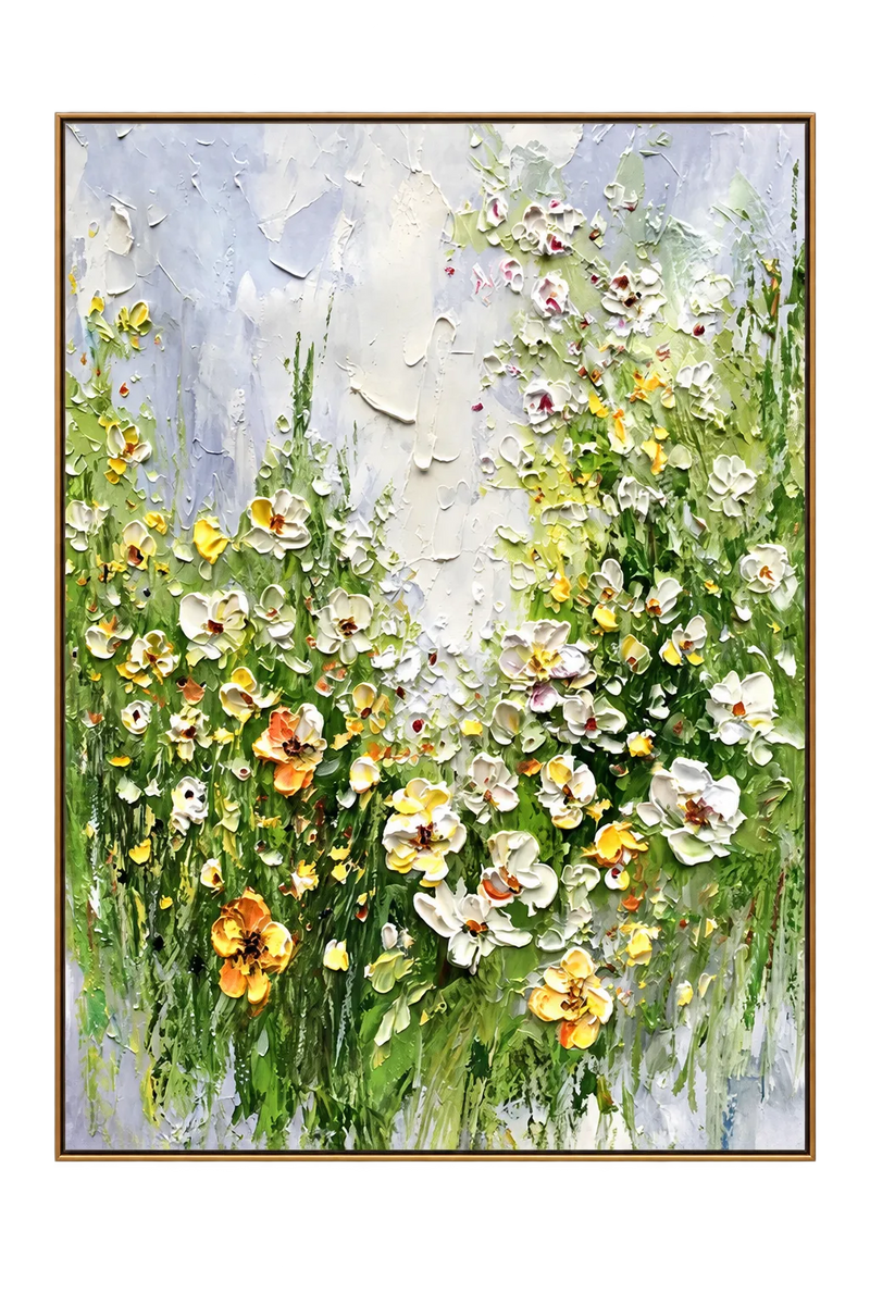 Abstract Oil Painting - White and Yellow Wildflower Meadow Art