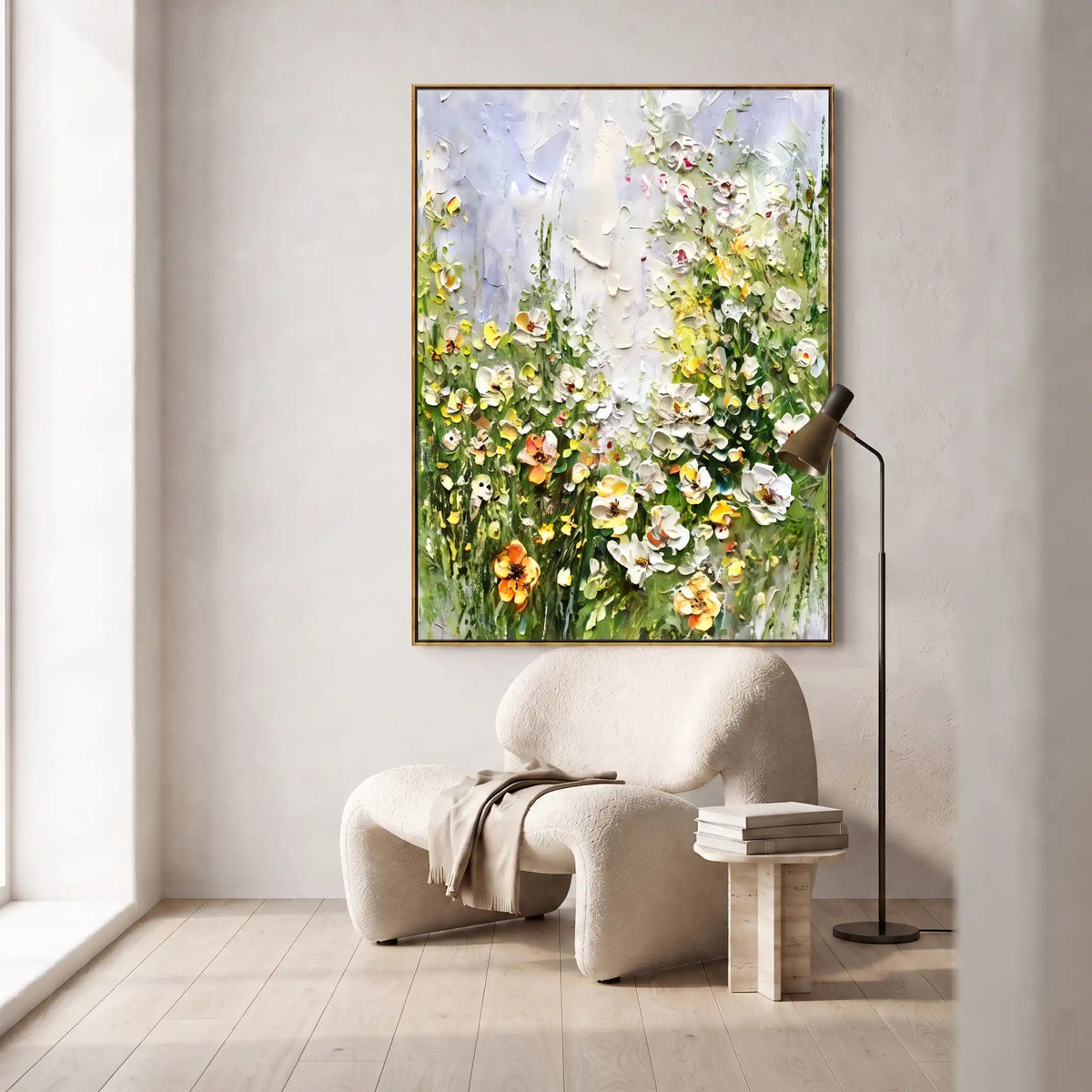 Abstract Oil Painting - White and Yellow Wildflower Meadow Art