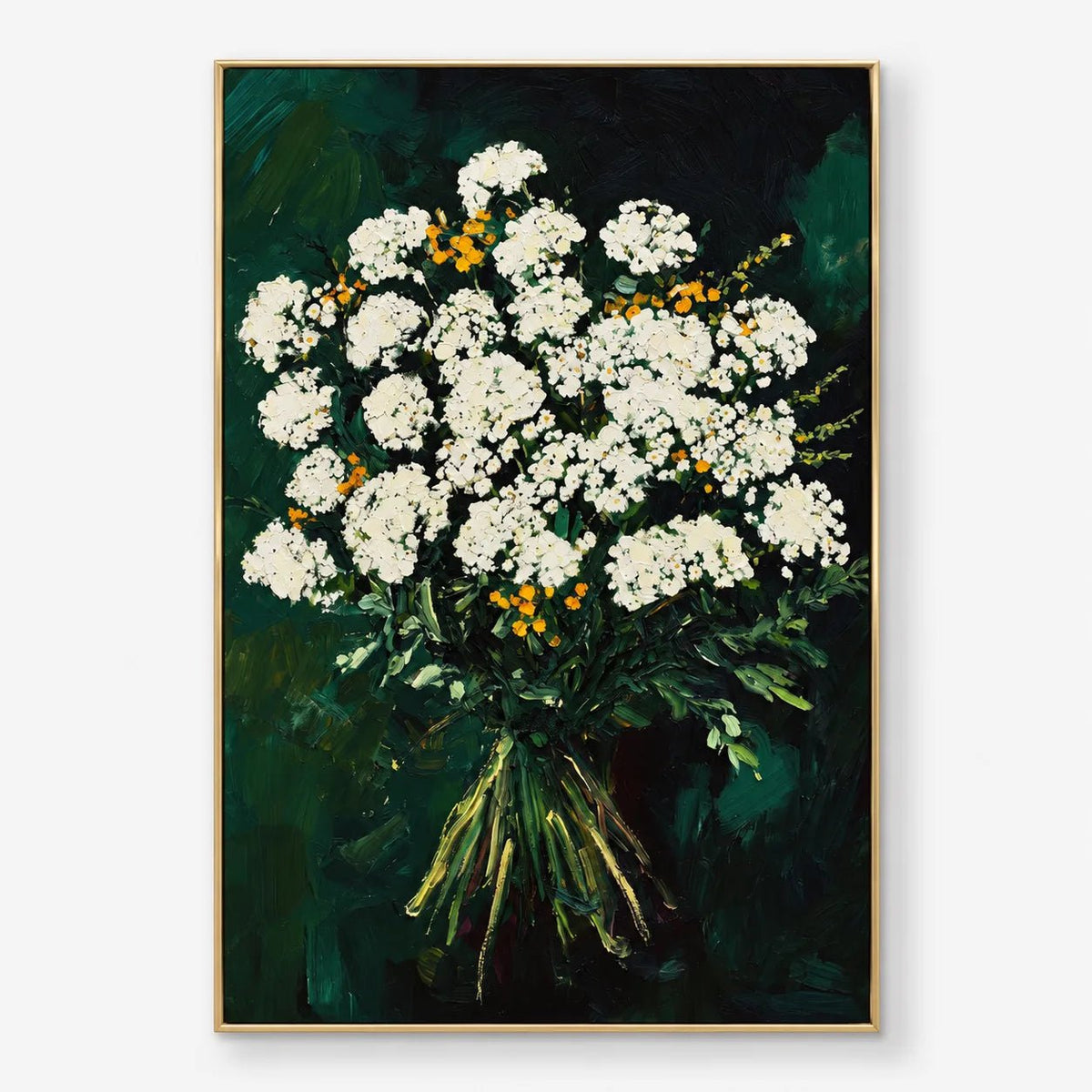 Abstract Oil Painting - White Floral Bouquet on Dark Green