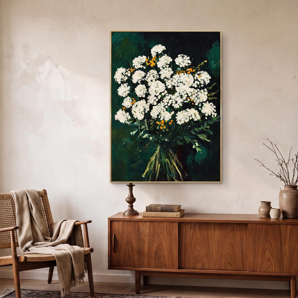 Abstract Oil Painting - White Floral Bouquet on Dark Green