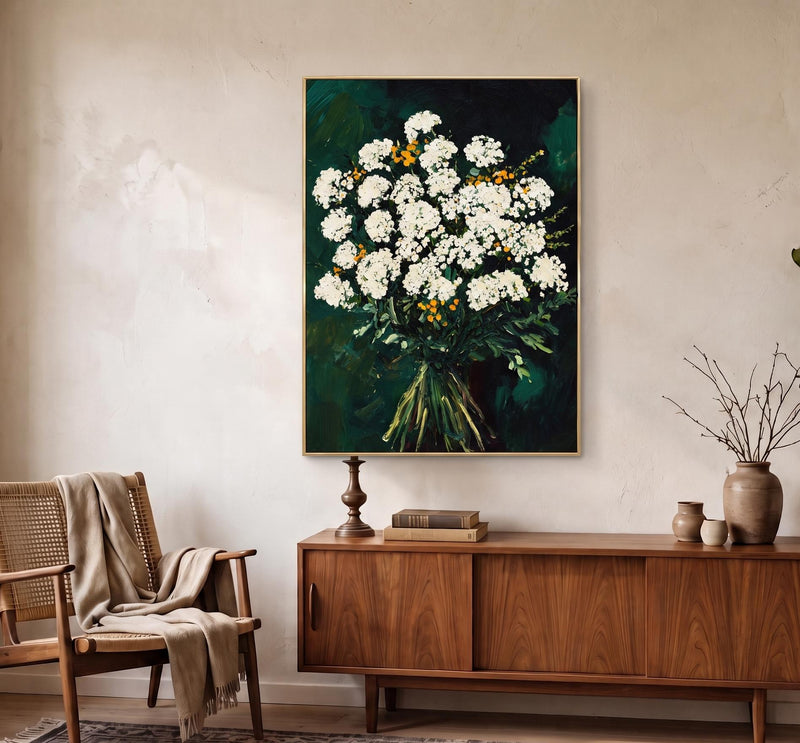 Abstract Oil Painting - White Floral Bouquet on Dark Green