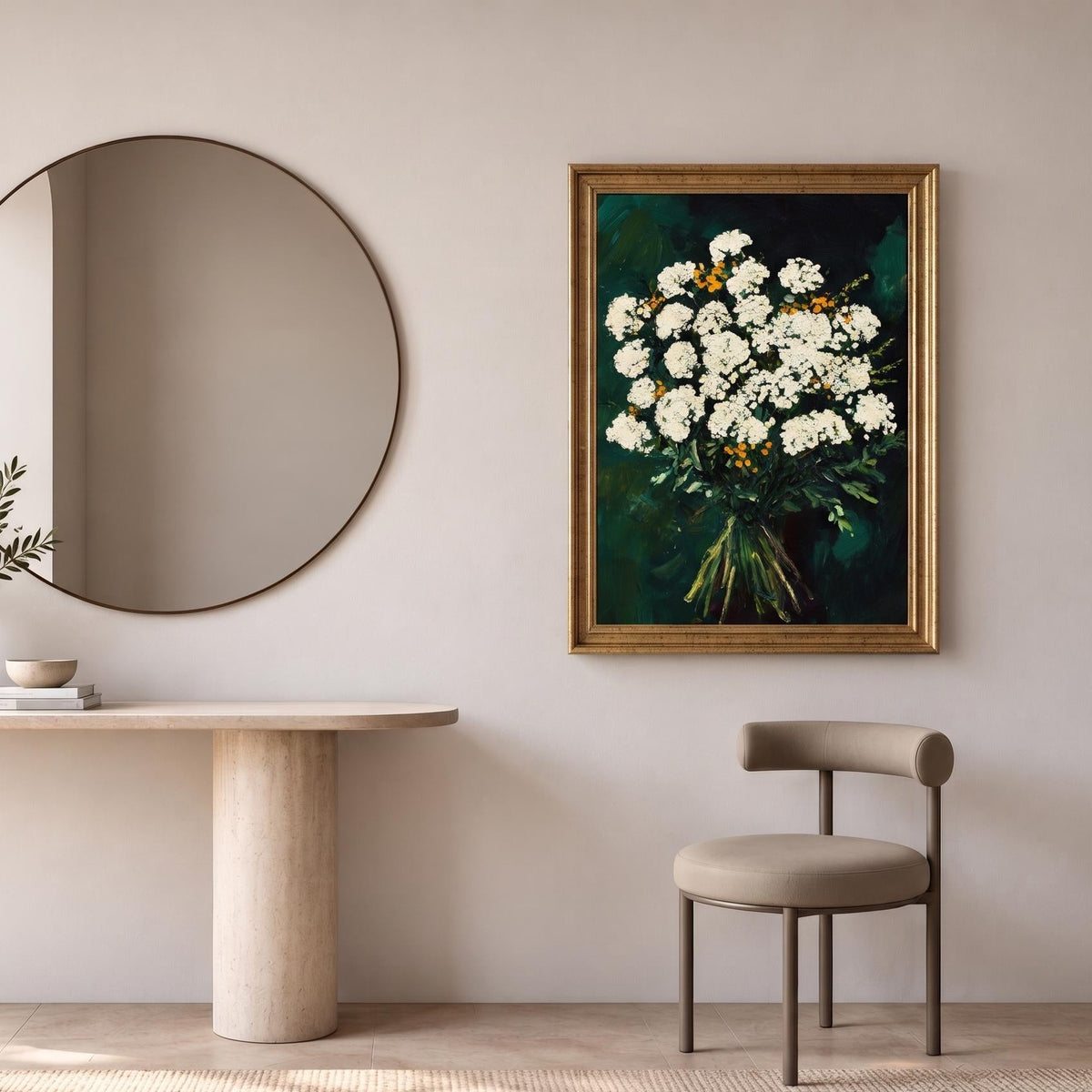 Abstract Oil Painting - White Floral Bouquet on Dark Green