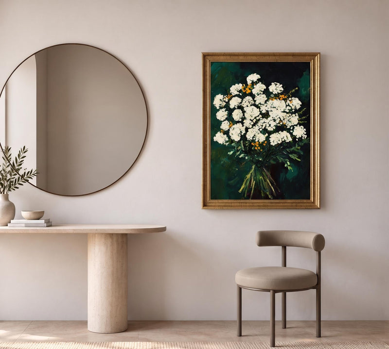 Abstract Oil Painting - White Floral Bouquet on Dark Green