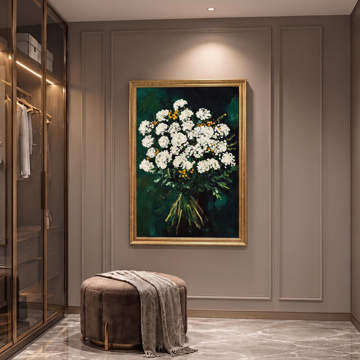 Abstract Oil Painting - White Floral Bouquet on Dark Green