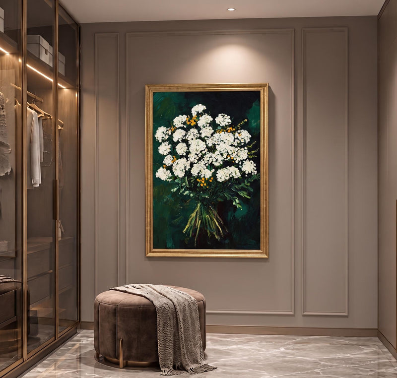 Abstract Oil Painting - White Floral Bouquet on Dark Green