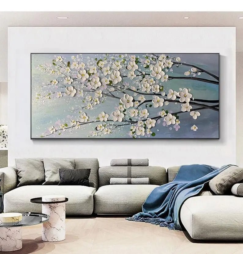 Abstract Oil Painting - White Floral Branches Wall Art for Living Room - Oil Painting Haven