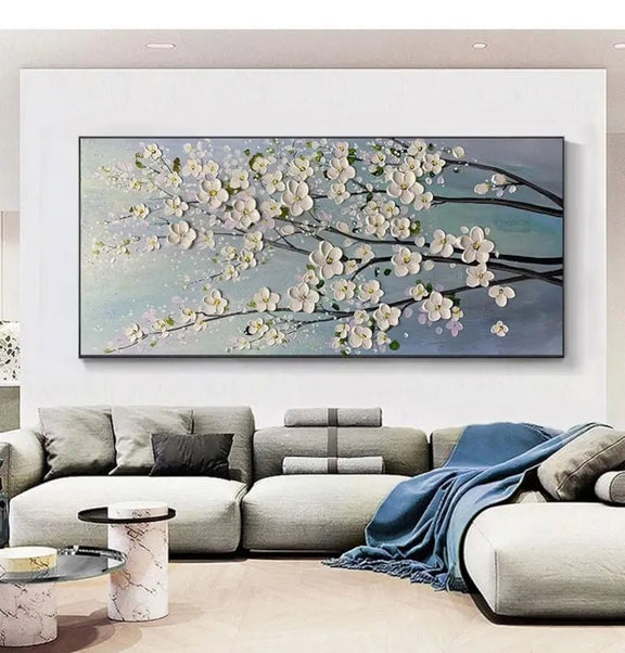 Abstract Oil Painting - White Floral Branches Wall Art for Living Room - Oil Painting Haven