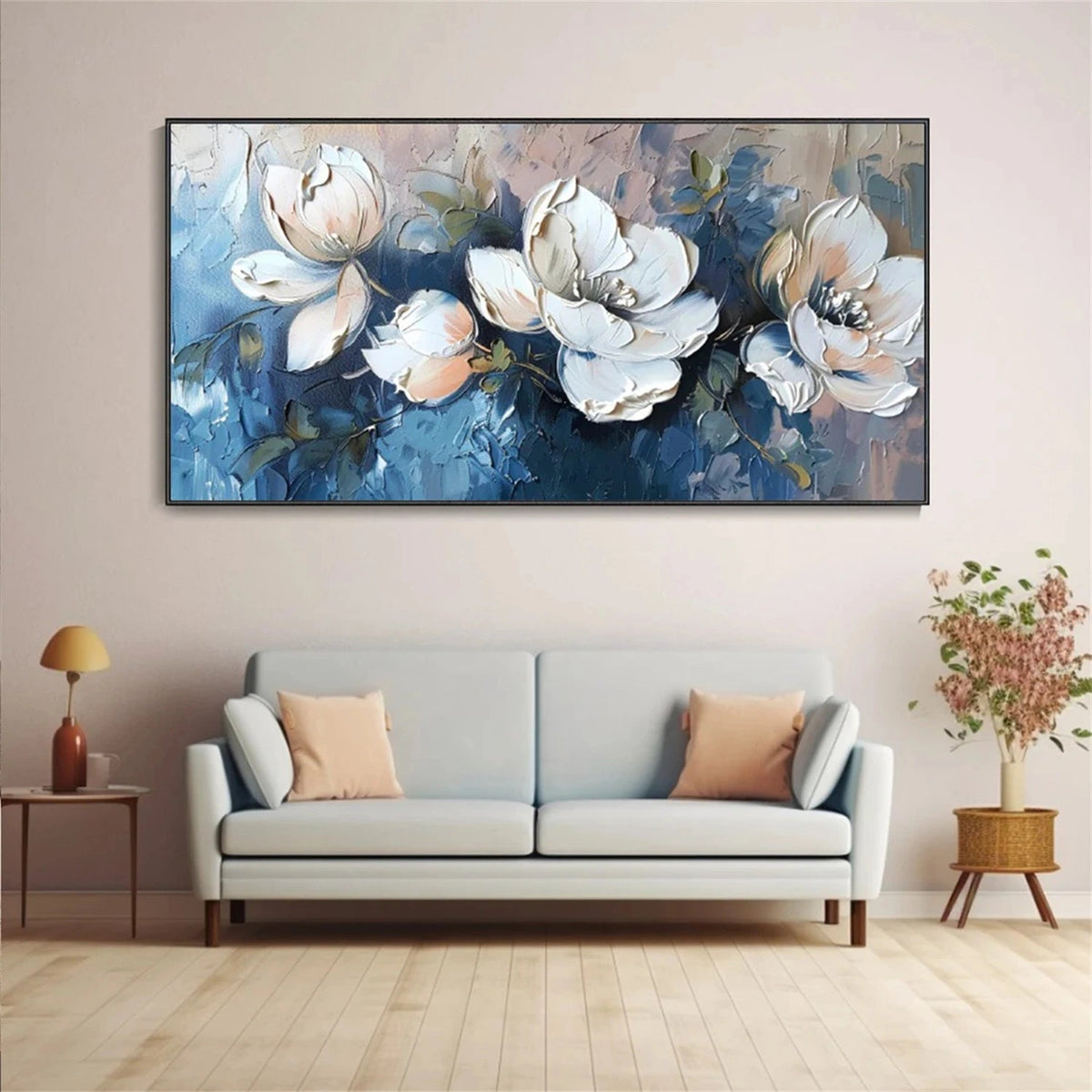 Abstract Oil Painting - White Floral Impasto on Deep Blue Canvas