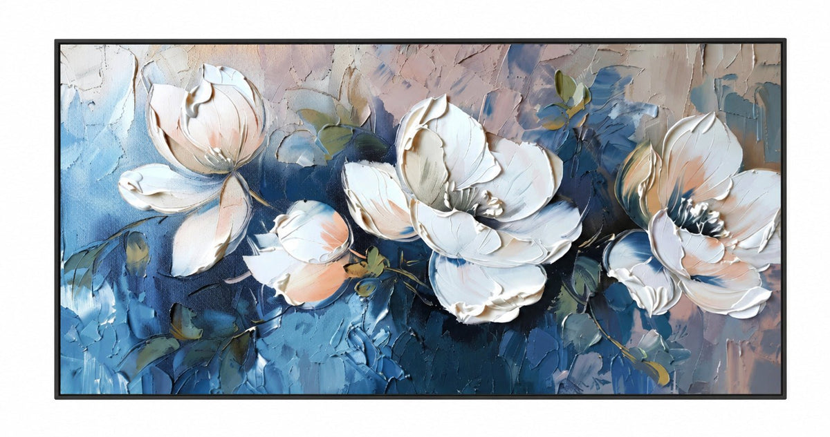 Abstract Oil Painting - White Floral Impasto on Deep Blue Canvas