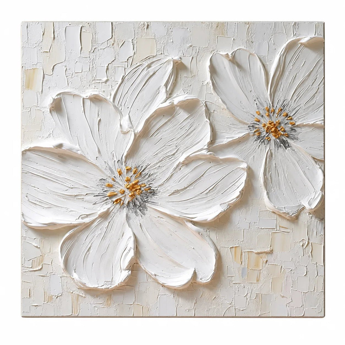 Abstract Oil Painting - White Impasto Flowers with Gold Centers