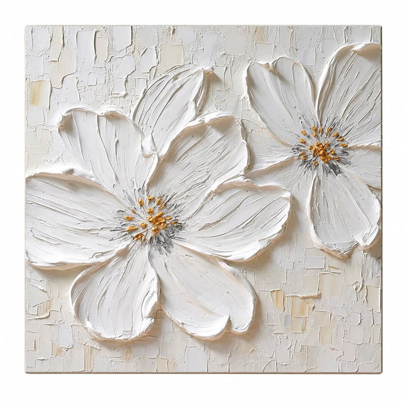 Abstract Oil Painting - White Impasto Flowers with Gold Centers