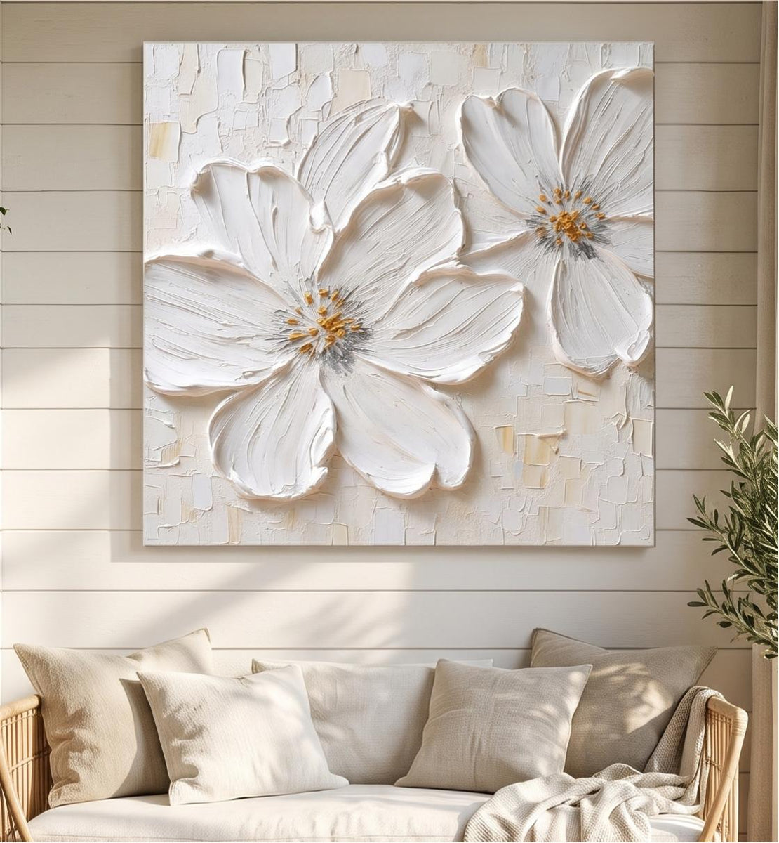 Abstract Oil Painting - White Impasto Flowers with Gold Centers
