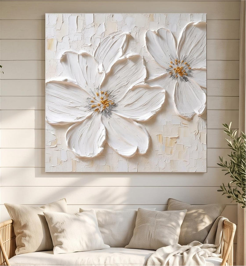 Abstract Oil Painting - White Impasto Flowers with Gold Centers