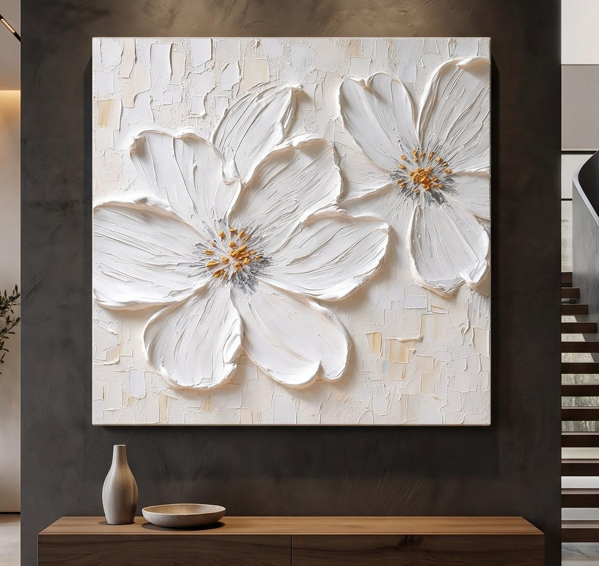 Abstract Oil Painting - White Impasto Flowers with Gold Centers