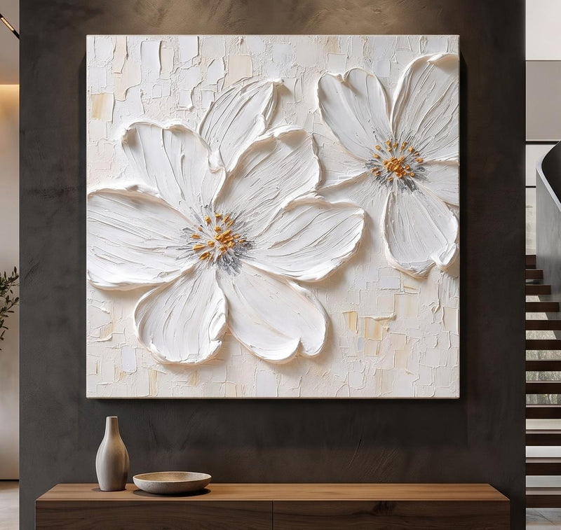 Abstract Oil Painting - White Impasto Flowers with Gold Centers