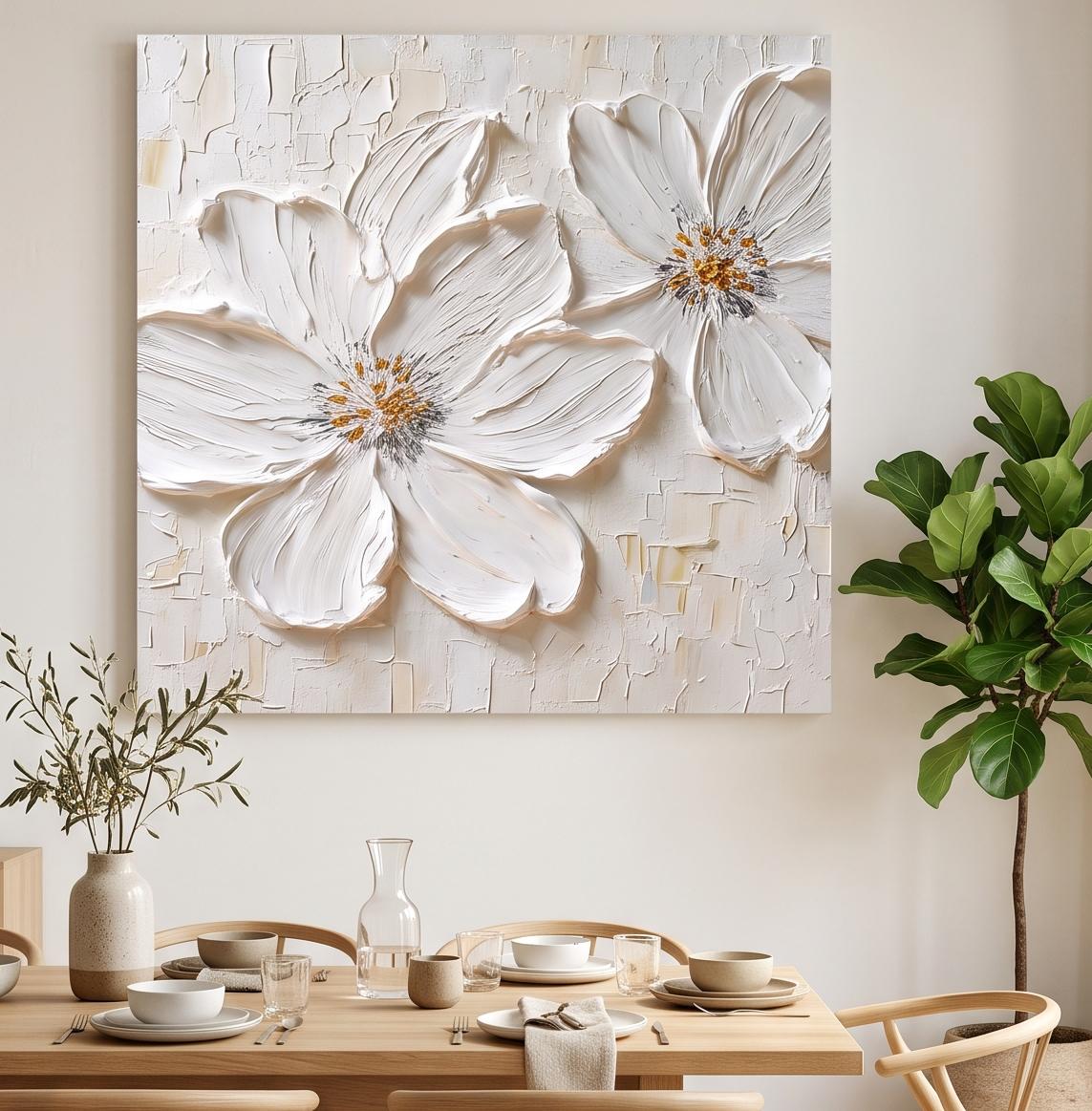 Abstract Oil Painting - White Impasto Flowers with Gold Centers
