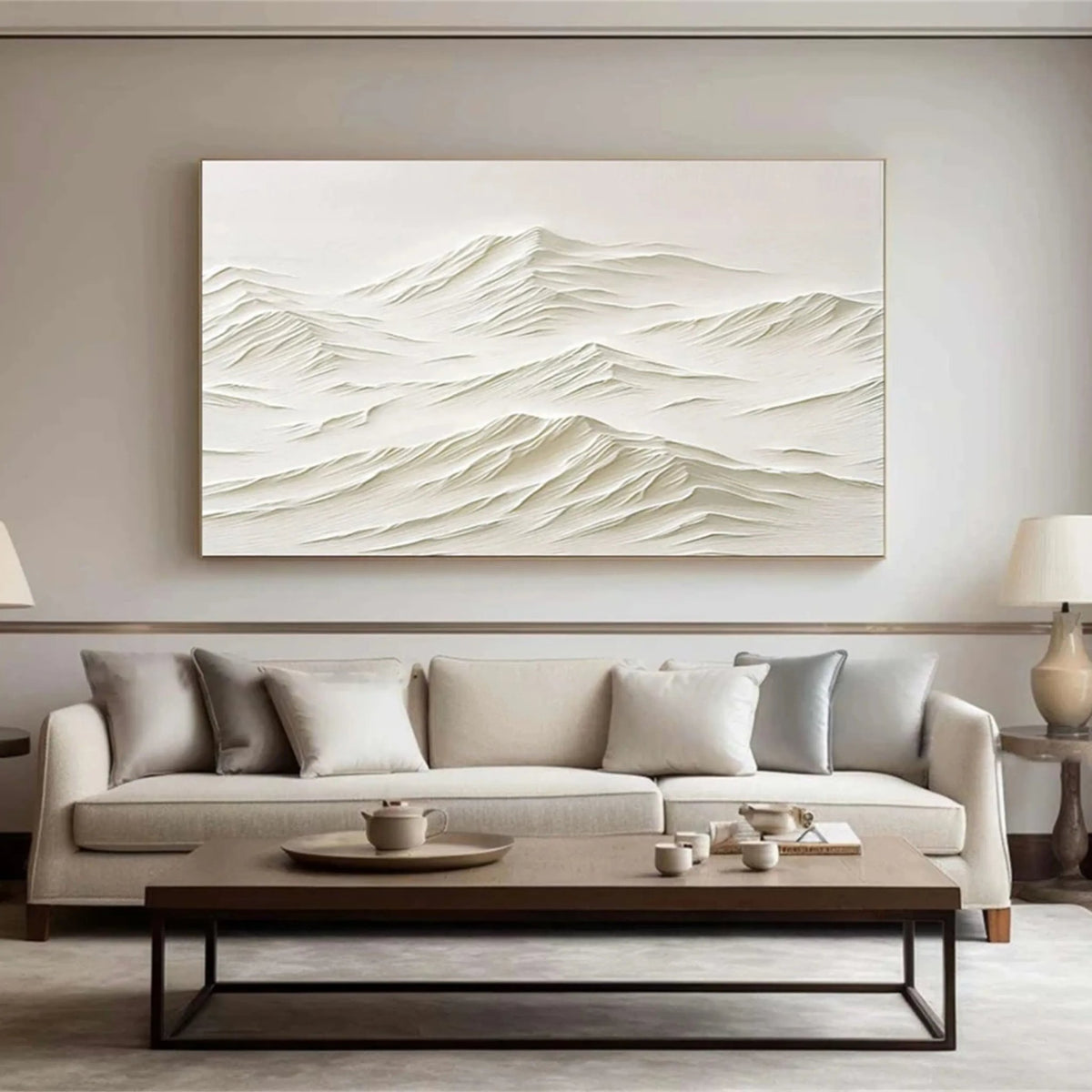 Abstract Oil Painting - White Mountain Ridges in Textured Impasto
