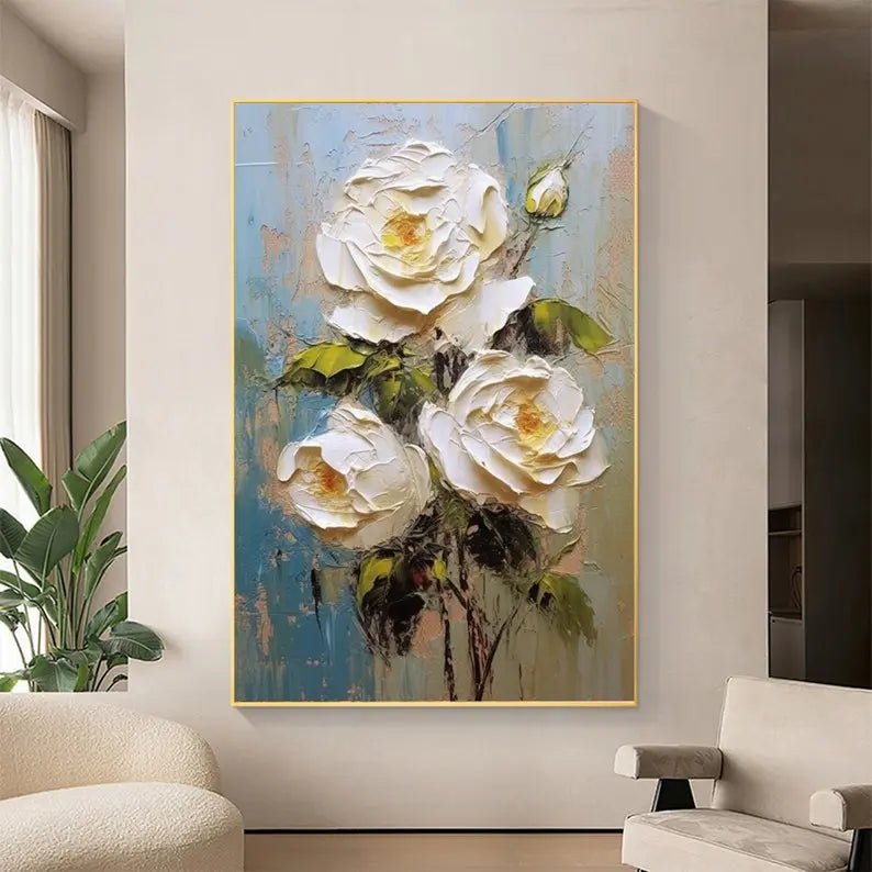 Abstract Oil Painting - White Roses on Blue Background - Oil Painting Haven