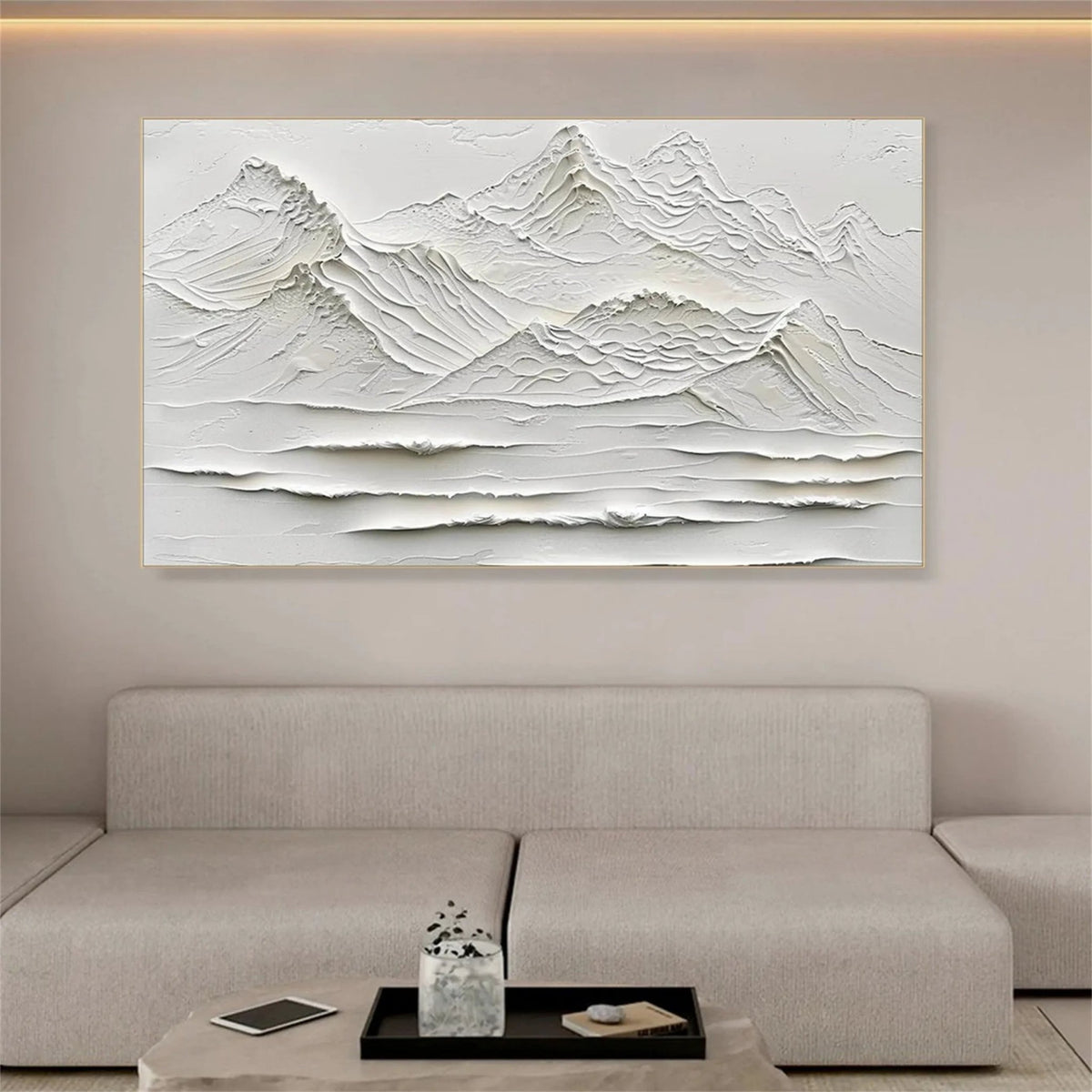 Abstract Oil Painting - White Textured Mountain Landscape