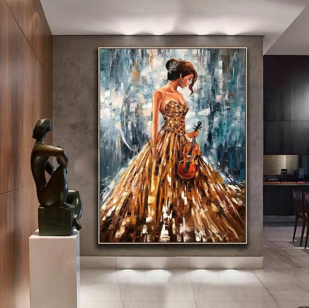 Abstract Oil Painting - Woman with Violin in Golden Gown - Oil Painting Haven