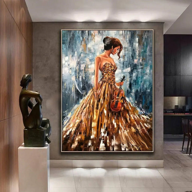 Abstract Oil Painting - Woman with Violin in Golden Gown - Oil Painting Haven