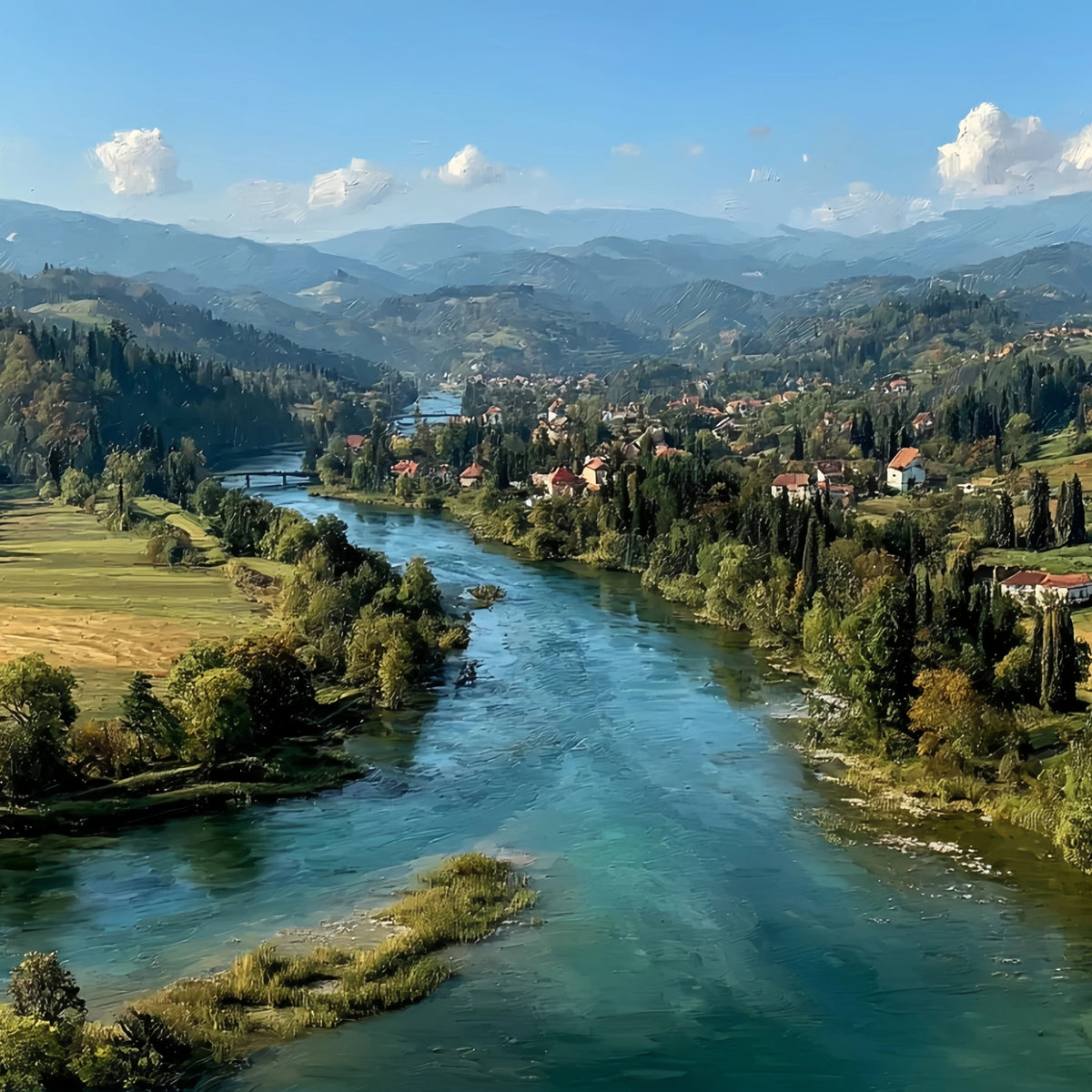 Aerial River Valley Village Original Oil Painting For Sale - Oil Painting Haven