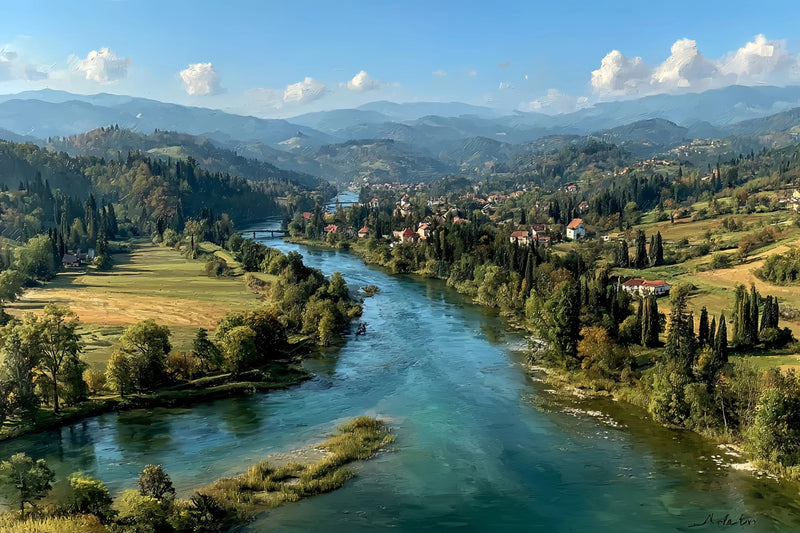 Aerial River Valley Village Original Oil Painting For Sale - Oil Painting Haven