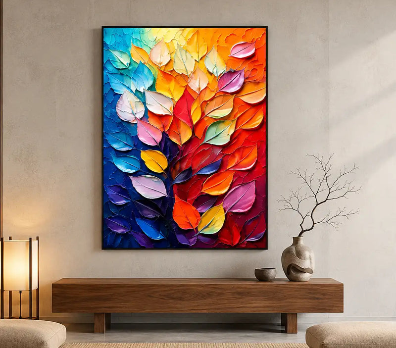 Peinture à l’huile abstraite – Feuilles multicolores aux textures en relief