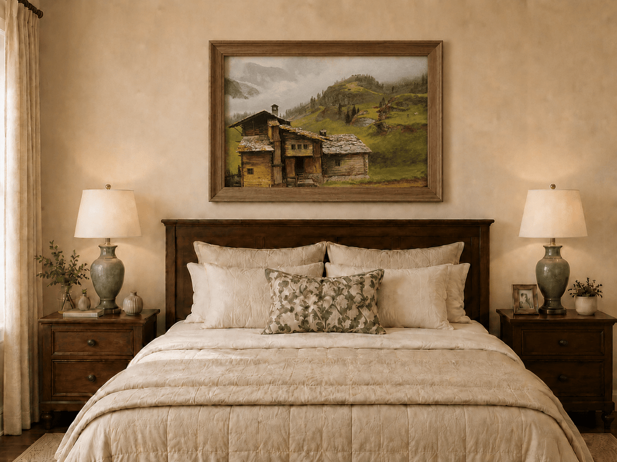 Framed hand-painted alpine landscape oil painting with a chalet, pasture and bell tower displayed above a wooden bed in a neutral bedroom.