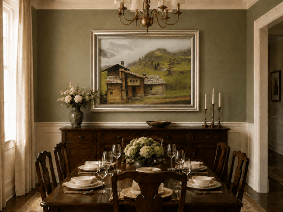 Framed hand-painted alpine landscape oil painting with a chalet, pasture and bell tower displayed above a formal dining table.