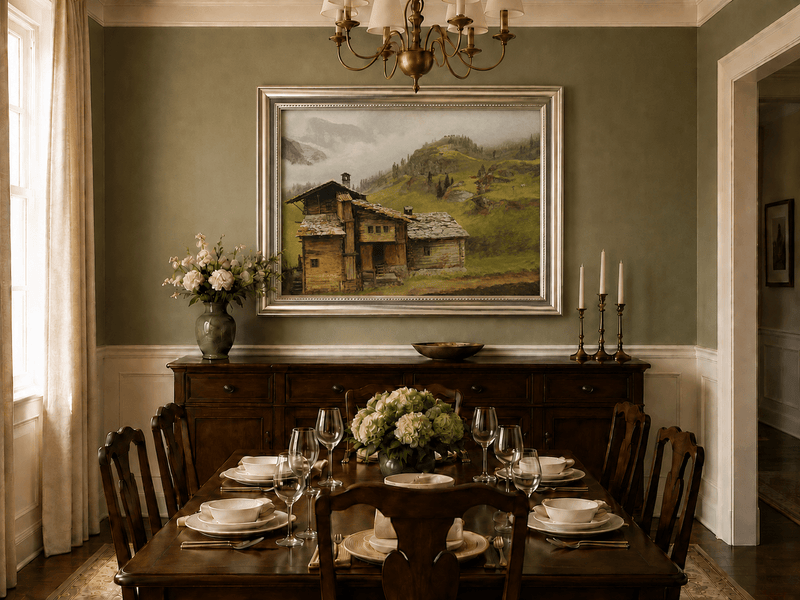 Framed hand-painted alpine landscape oil painting with a chalet, pasture and bell tower displayed above a formal dining table.