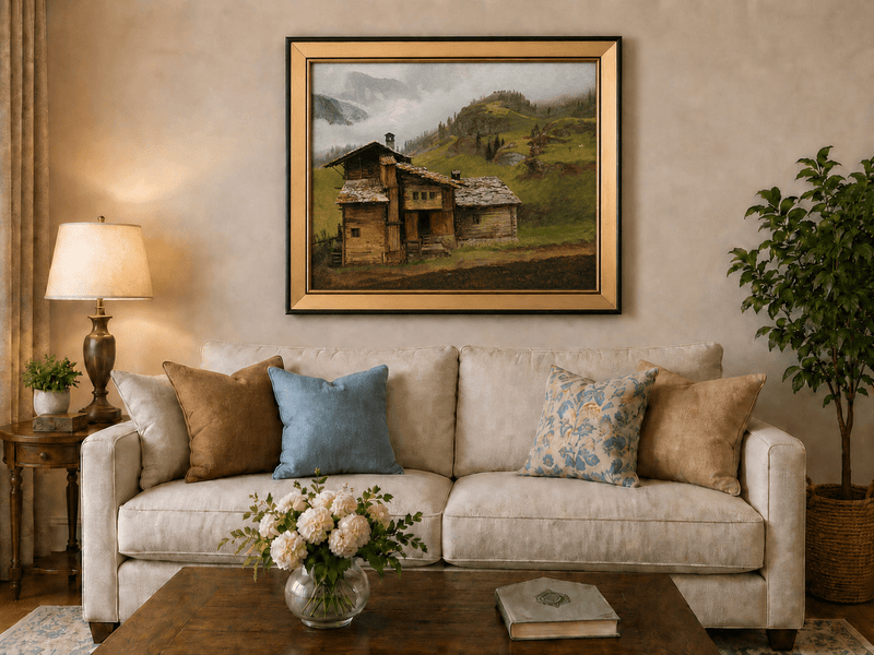 Framed hand-painted alpine landscape oil painting with a chalet, pasture and bell tower displayed above a neutral living room sofa.