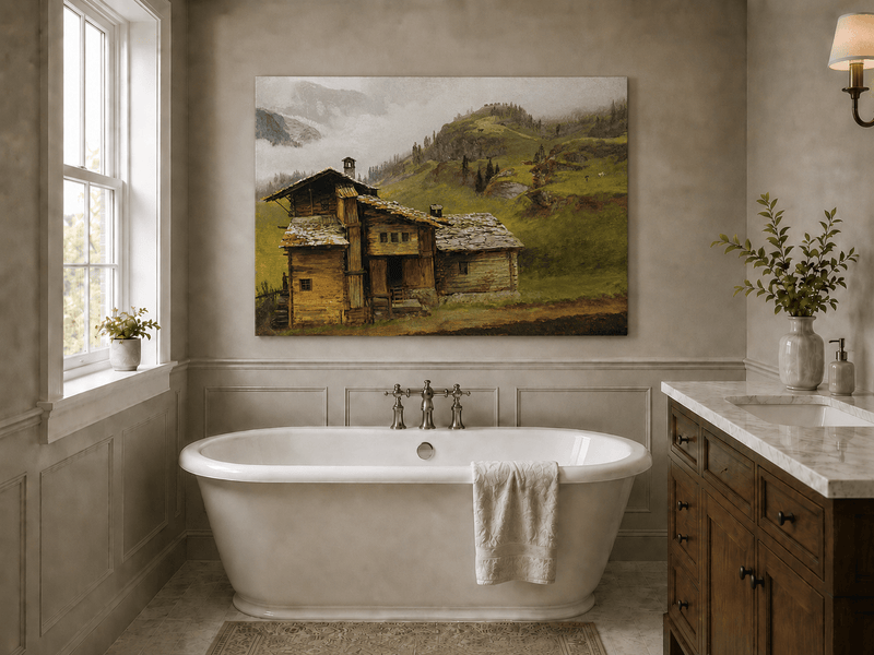 Unframed hand-painted alpine landscape oil painting with a chalet, pasture and bell tower displayed above a freestanding bathtub.