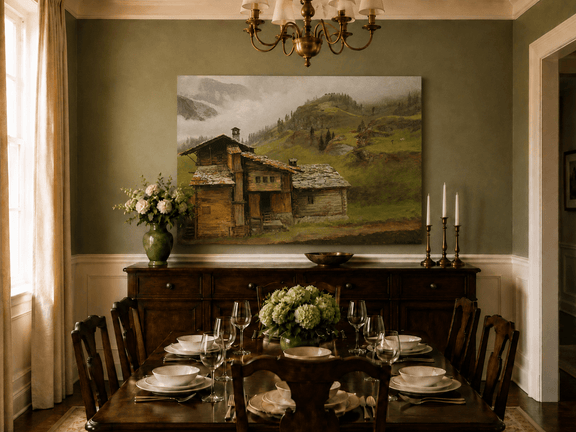 Unframed hand-painted alpine landscape oil painting with a chalet, pasture and bell tower displayed above a formal dining table.