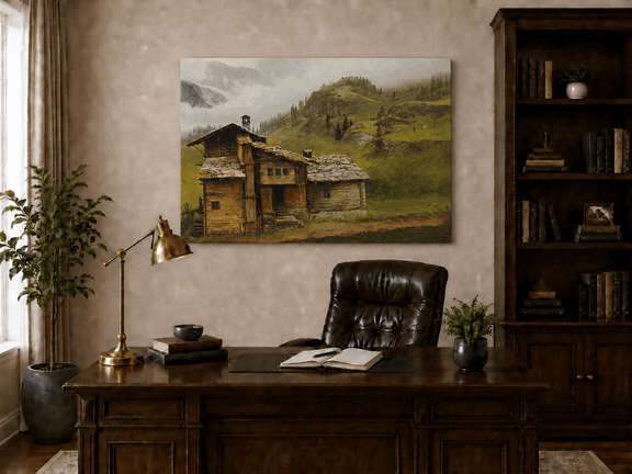 Unframed hand-painted alpine landscape oil painting with a chalet, pasture and bell tower displayed above a traditional home office desk.