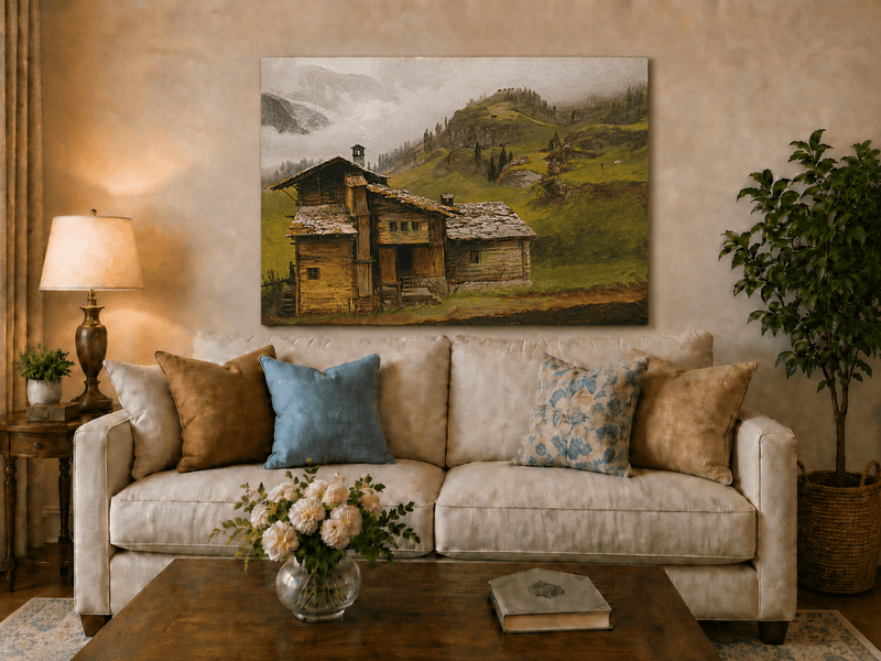 Unframed hand-painted alpine landscape oil painting with a chalet, pasture and bell tower displayed above a neutral living room sofa.